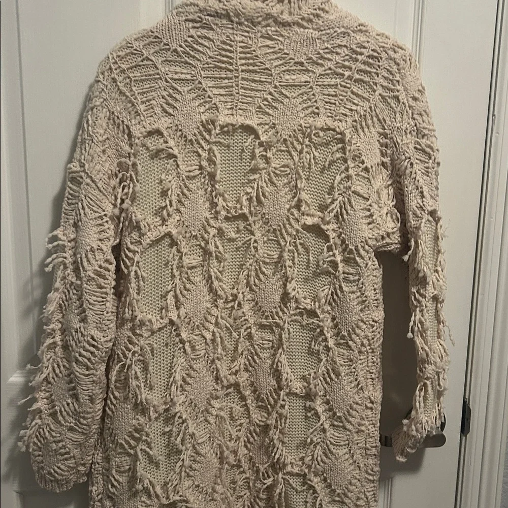 Anthro RAGA fisherman‎ fringe boho cream chunky cardigan Sz large